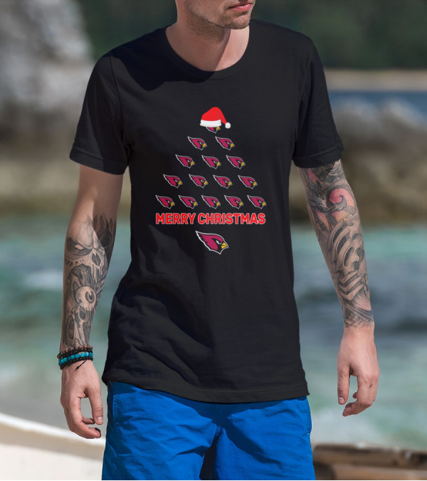 Merry Christmas Arizona Cardinals Fans Tree With Santa Hat T-Shirt