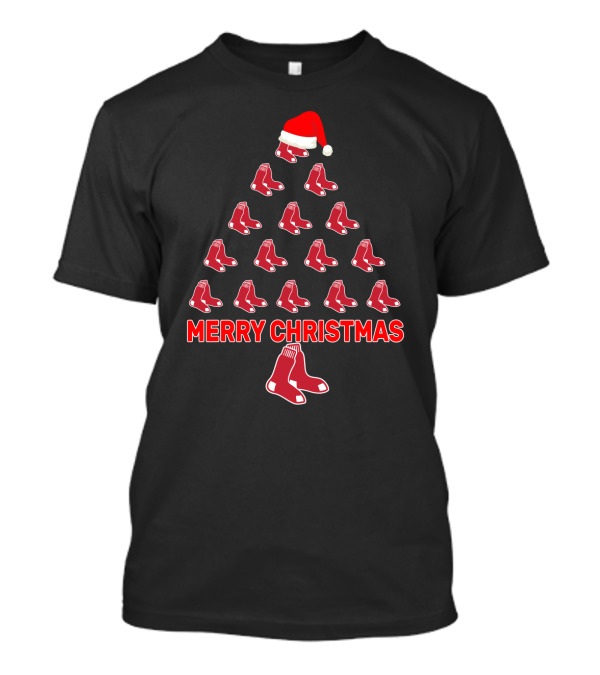Merry Christmas Boston Red Sox Santa Hat Tree Design For Fans T-Shirt