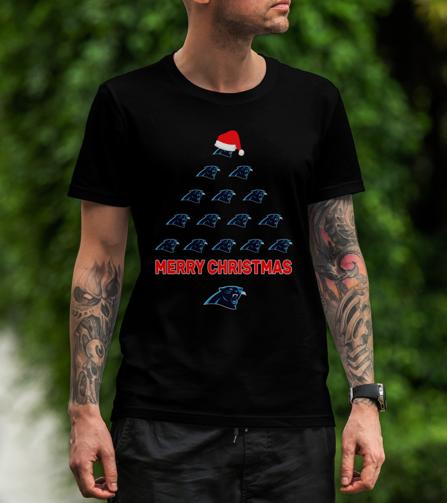 Merry Christmas Carolina Panthers Holiday Tree With Santa Hat T-Shirt