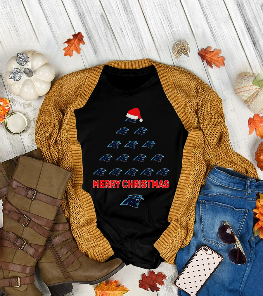 Merry Christmas Carolina Panthers Holiday Tree With Santa Hat T-Shirt