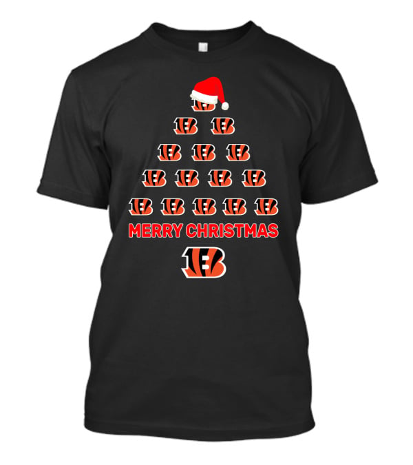 Merry Christmas Tree With Cincinnati Bengals Logo And Santa Hat T-Shirt