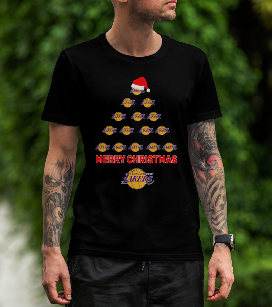 Merry Christmas Los Angeles Lakers Fans Tree Logo Santa Hat T-Shirt