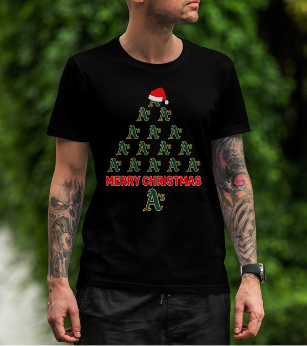 Merry Christmas Tree For Oakland Athletics A's Fans With Santa Hat T-Shirt