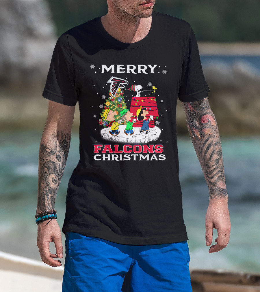 Merry Atlanta Falcons Christmas With Snoopy And Peanuts Characters T-Shirt