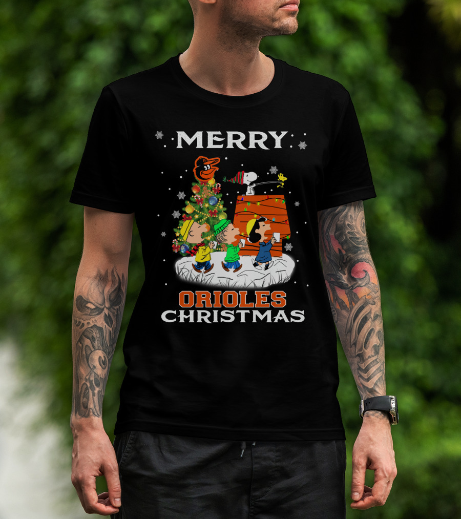 Merry Orioles Christmas Featuring Snoopy And Friends With Baltimore Logo And Festive Tree T-Shirt