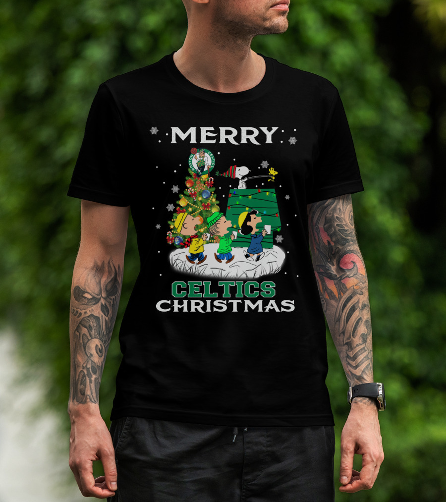 Merry Celtics Christmas Featuring Snoopy And Peanuts Gang T-Shirt
