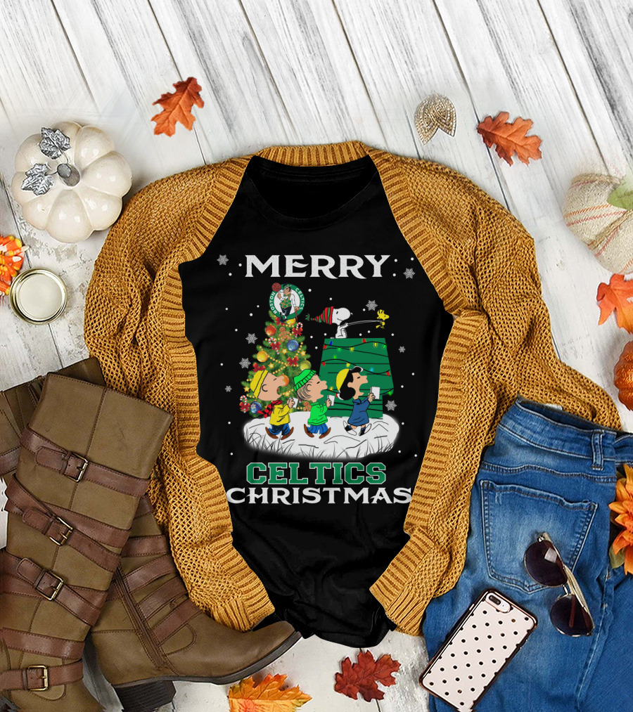 Merry Celtics Christmas Featuring Snoopy And Peanuts Gang T-Shirt