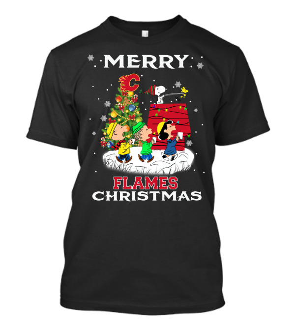 Merry Calgary Flames Christmas With Snoopy And Peanuts Holiday Scene T-Shirt
