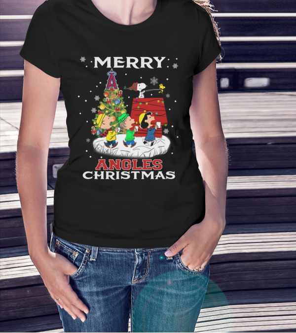 Merry Los Angeles Angels Christmas With Snoopy And Peanuts Characters T-Shirt