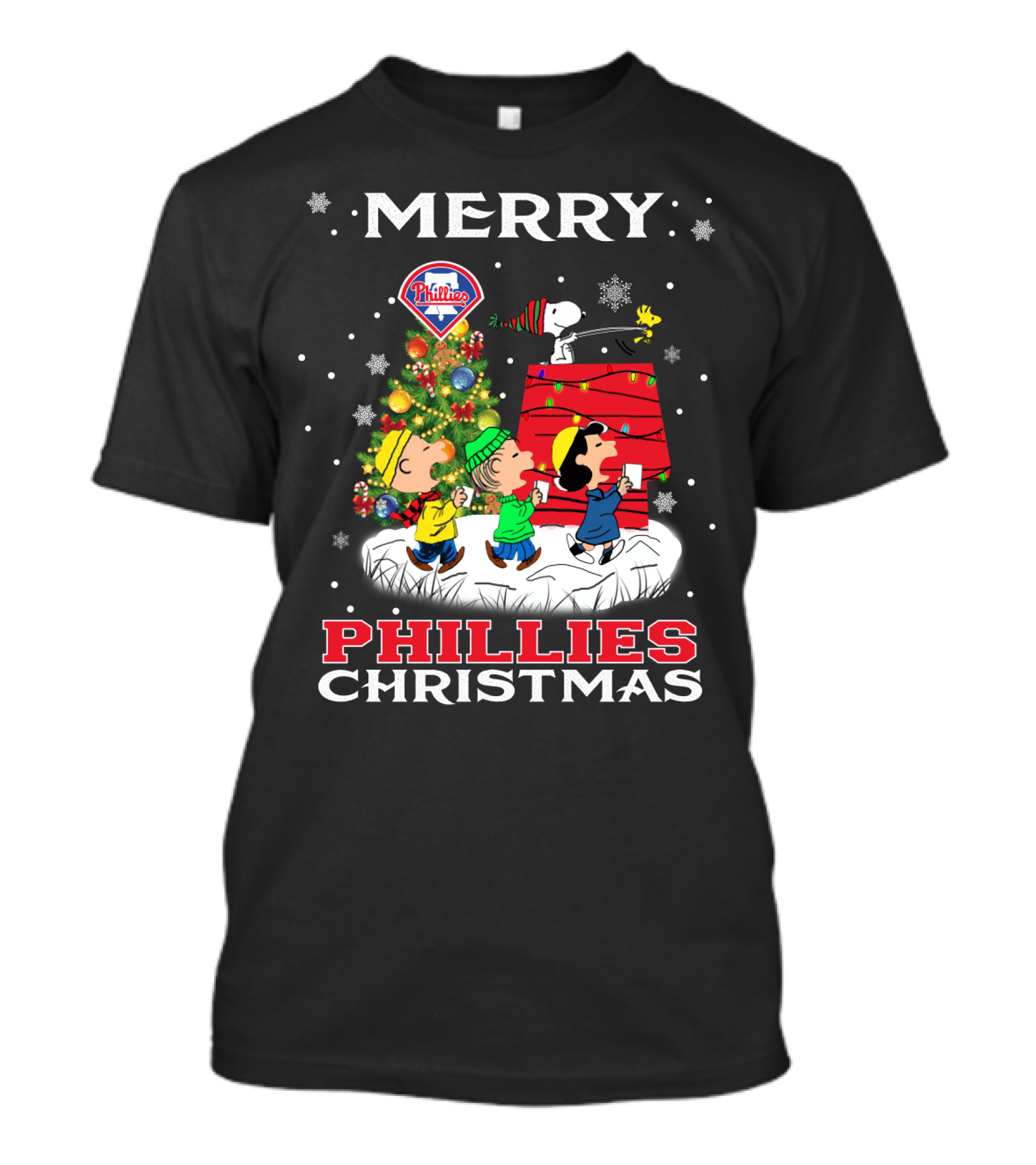 Merry Phillies Christmas Snoopy And Friends By Christmas Tree With Philadelphia Phillies T-Shirt