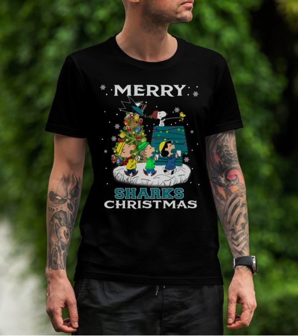 Merry San Jose Sharks Christmas With Snoopy And Friends Holiday T-Shirt