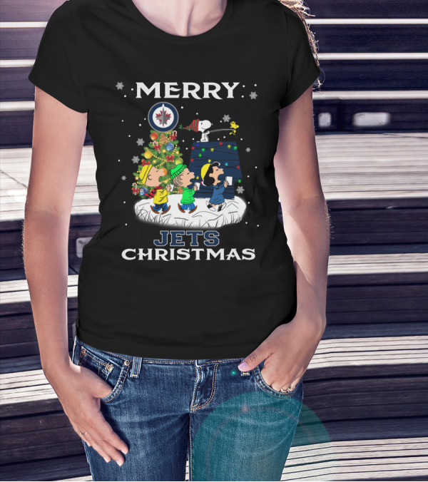 Merry Winnipeg Jets Christmas Featuring Snoopy And Peanuts Holiday Scene T-Shirt