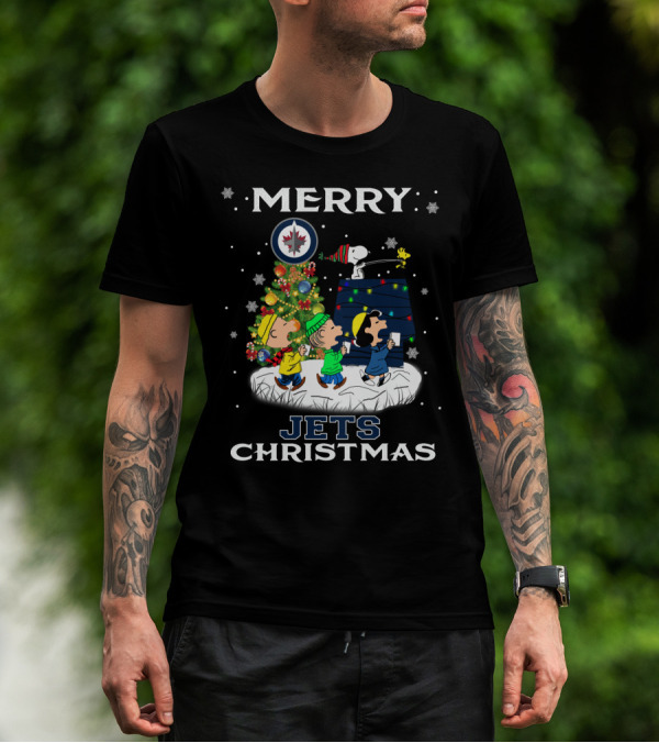 Merry Winnipeg Jets Christmas Featuring Snoopy And Peanuts Holiday Scene T-Shirt