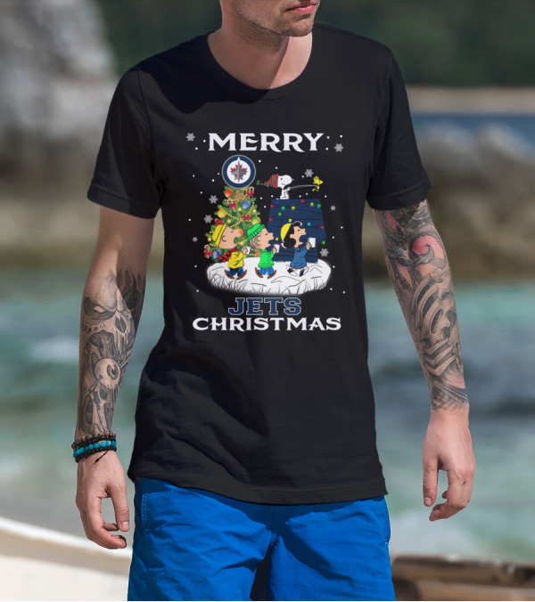 Merry Winnipeg Jets Christmas Featuring Snoopy And Peanuts Holiday Scene T-Shirt