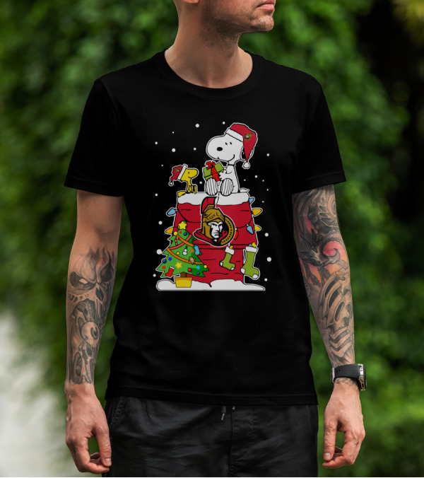 Ottawa Senators Snoopy Christmas Theme With Santa Hats And Presents T-Shirt