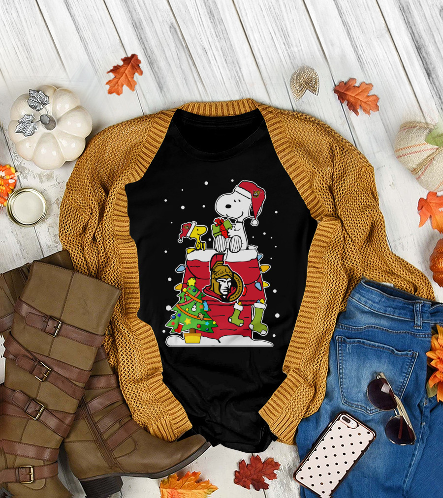 Ottawa Senators Snoopy Christmas Theme with Santa Hats and Presents T-Shirt