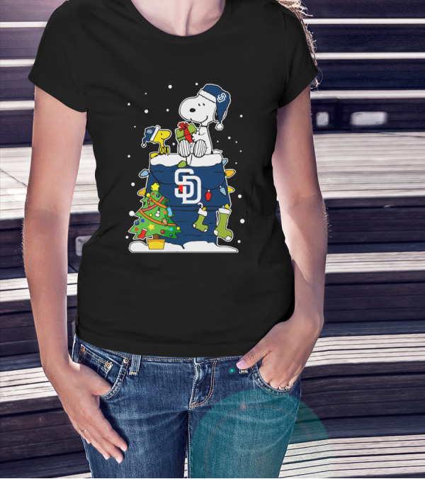San Diego Padres Snoopy And Woodstock Christmas Scene With Gifts And Tree T-Shirt