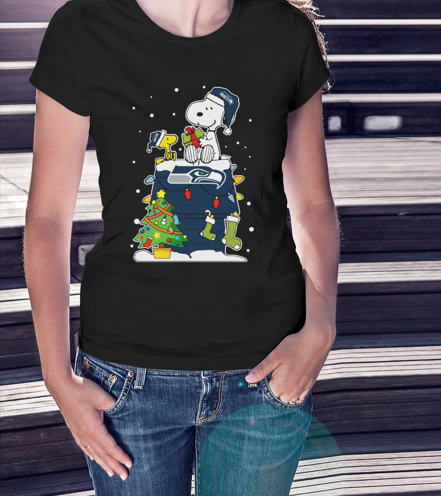 Seattle Seahawks Christmas Snoopy And Woodstock Holiday Cheer T-Shirt