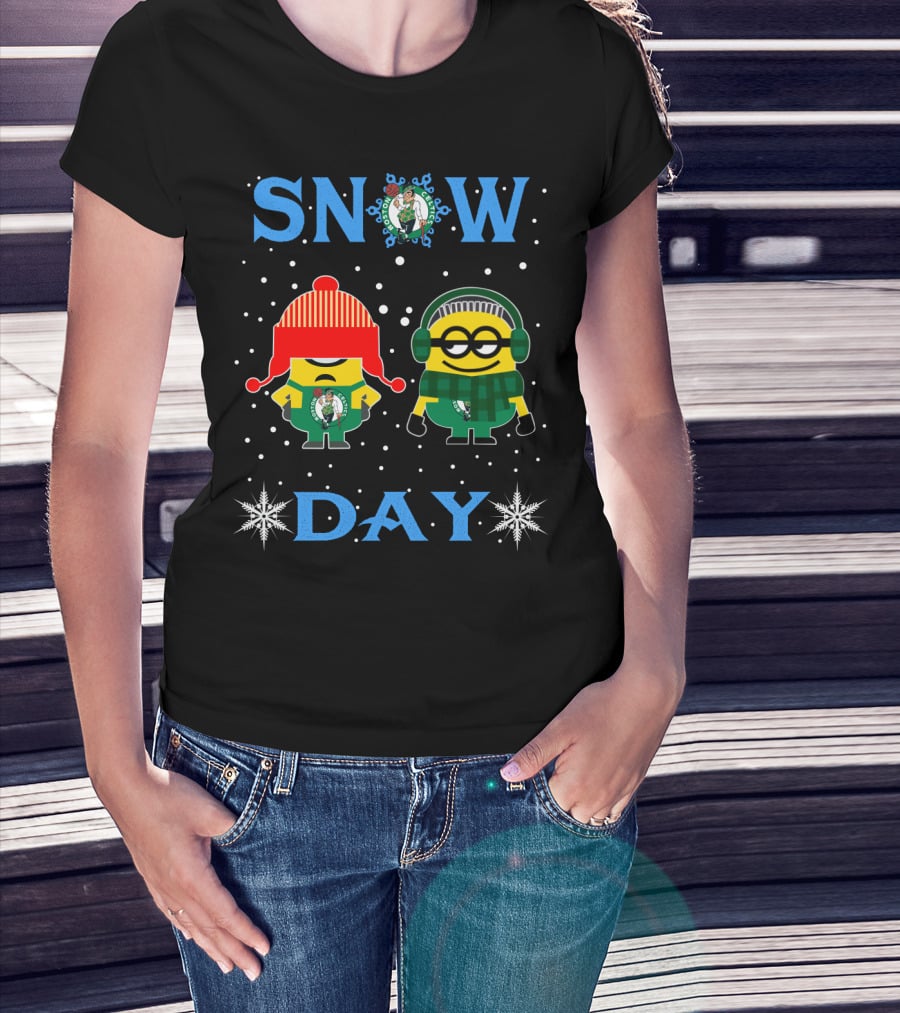 Boston Celtics Snow Day Featuring Minion Fans Celebrating Winter Fun T-Shirt