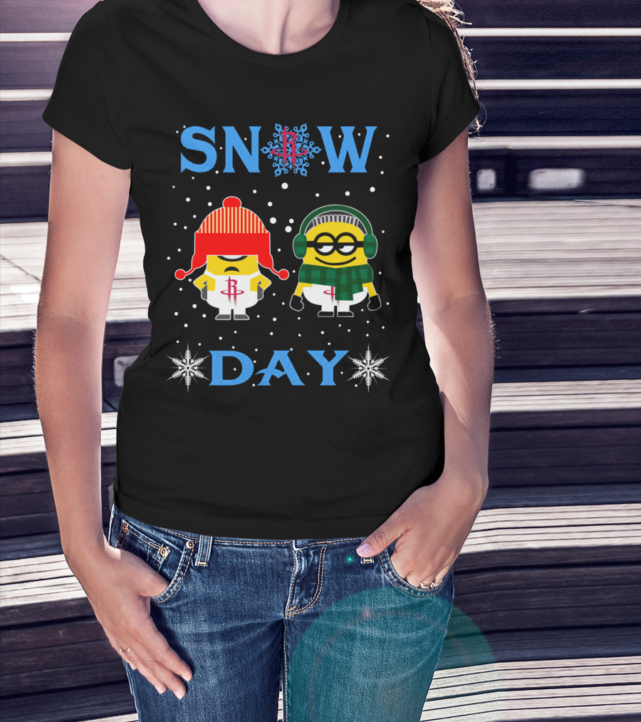 Snow Day With Houston Rockets And Minion Fans In Winter Attire T-Shirt