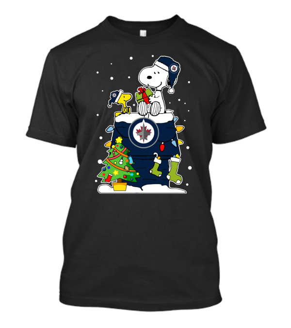 Winnipeg Jets And Snoopy Christmas Collaboration With Woodstock And Holiday Decorations T-Shirt