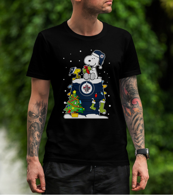 Winnipeg Jets And Snoopy Christmas Collaboration With Woodstock And Holiday Decorations T-Shirt