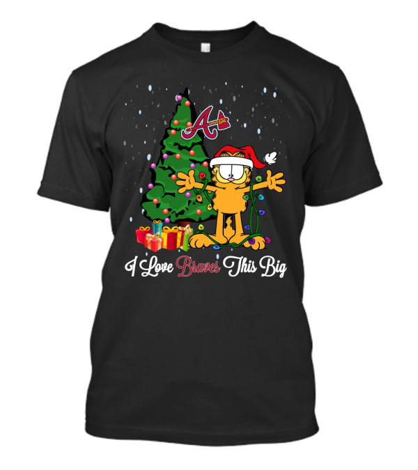 I Love Braves This Big Xmas Garfield Cat With Atlanta Braves Fans Christmas Tree T-Shirt