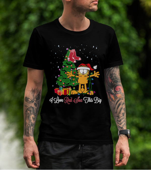 I Love Red Sox This Big Garfield Xmas Tree Santa Hat Presents Boston Fans T-Shirt