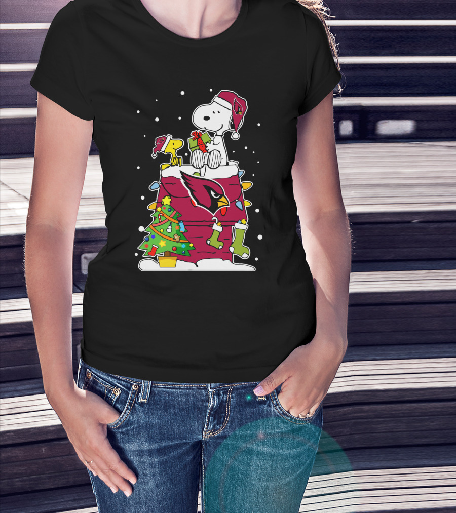 Arizona Cardinals Snoopy Christmas Celebration With Woodstock And Santa Hat T-Shirt