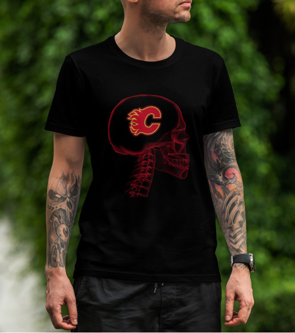 Calgary Flames Logo Within Red Skull T-Shirt