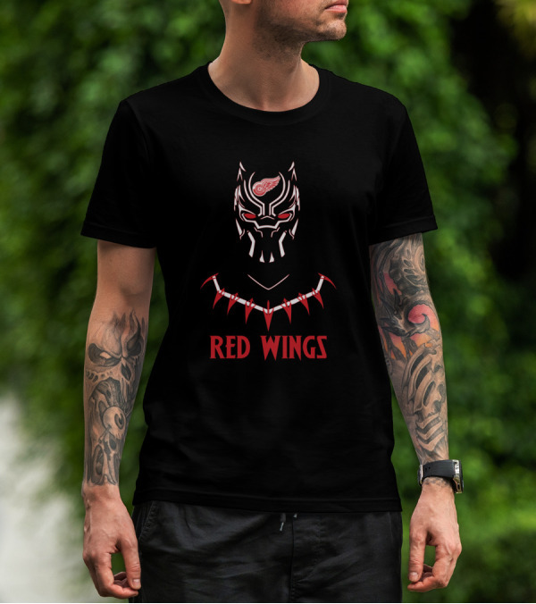 Black Panther Mask With Detroit Red Wings Logo And Red Wings T-Shirt