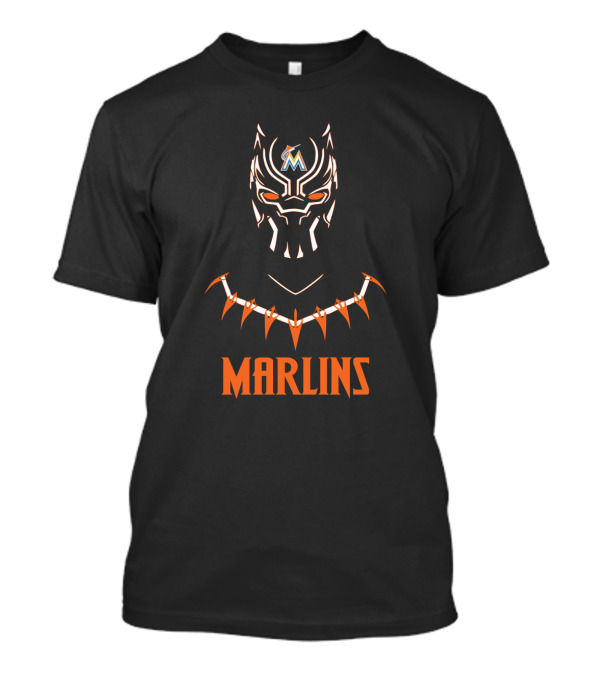 Miami Marlins Black Panther Mashup With Marlins Text And Mask T-Shirt