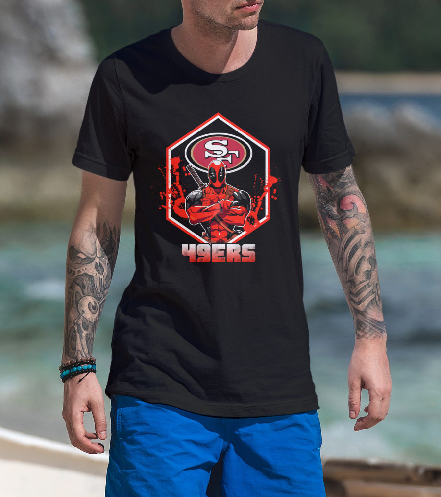 Deadpool Crossing Arms In Front Of San Francisco 49ers Logo With 49ers T-Shirt