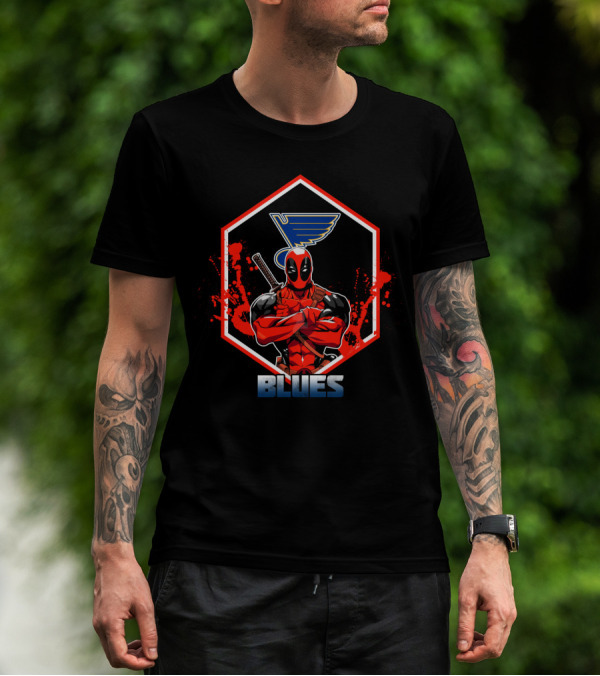 Deadpool Crossed Arms St. Louis Blues Hexagon Logo Fan T-Shirt