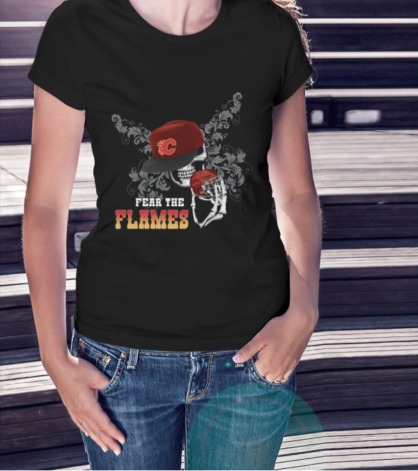 Fear The Flames Skull In Hat With Hockey Helmet Motif T-Shirt