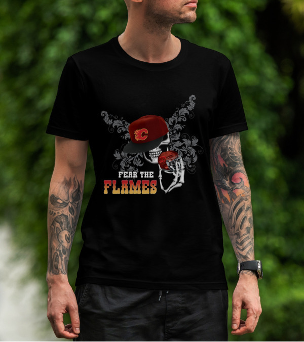 Fear The Flames Skull In Hat With Hockey Helmet Motif T-Shirt