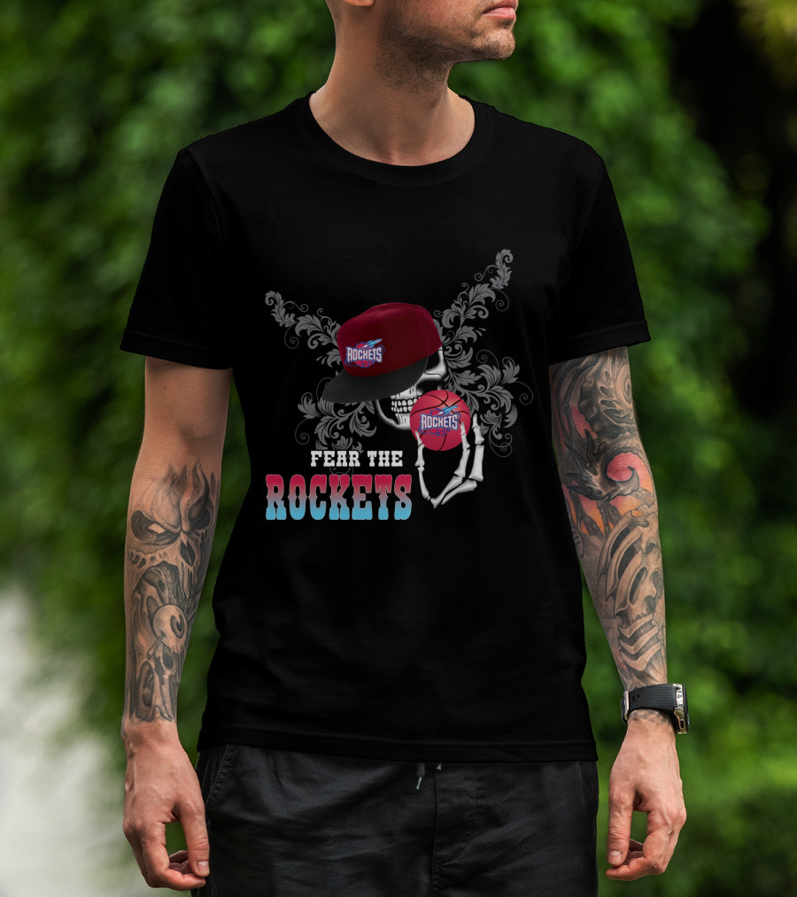 Fear The Rockets Skeleton Hat Basketball T-Shirt