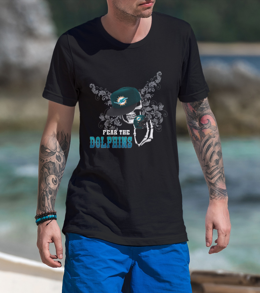 Fear The Dolphins Miami Skull With Helmet And Cap T-Shirt