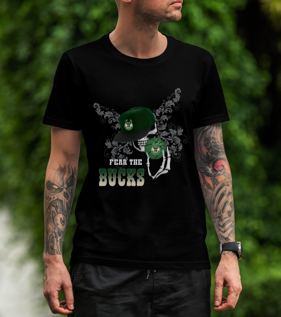 Fear The Bucks Skeleton Holding Basketball Milwaukee Bucks Fans T-Shirt