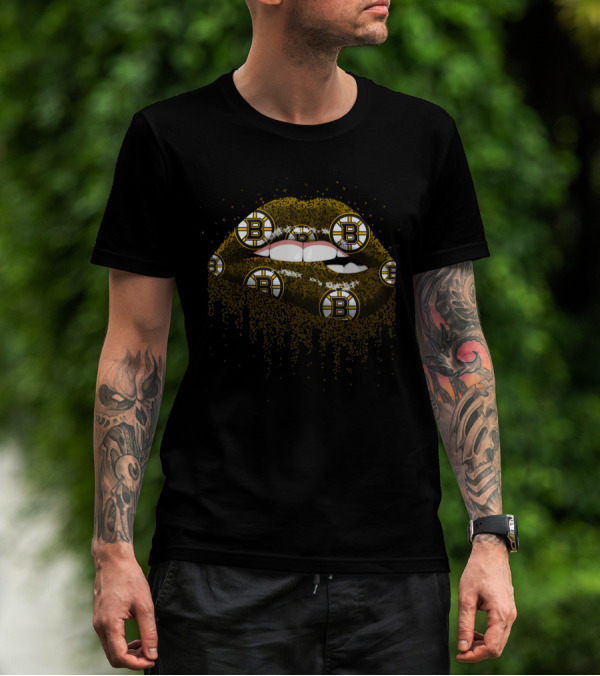 Sparkling Glitter Lips Boston Bruins Fan Art With Team T-Shirt
