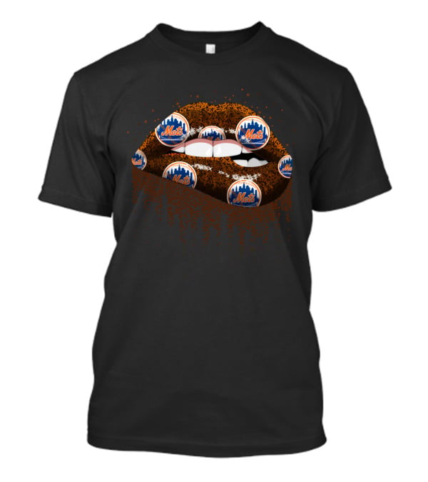 New York Mets Glitter Lips Fan Art With Team Logos And Sparkling Effects T-Shirt