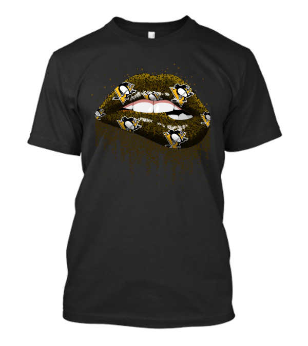 Pittsburgh Penguins Glitter Lips Fan Art Featuring Iconic Team Logo Elements T-Shirt