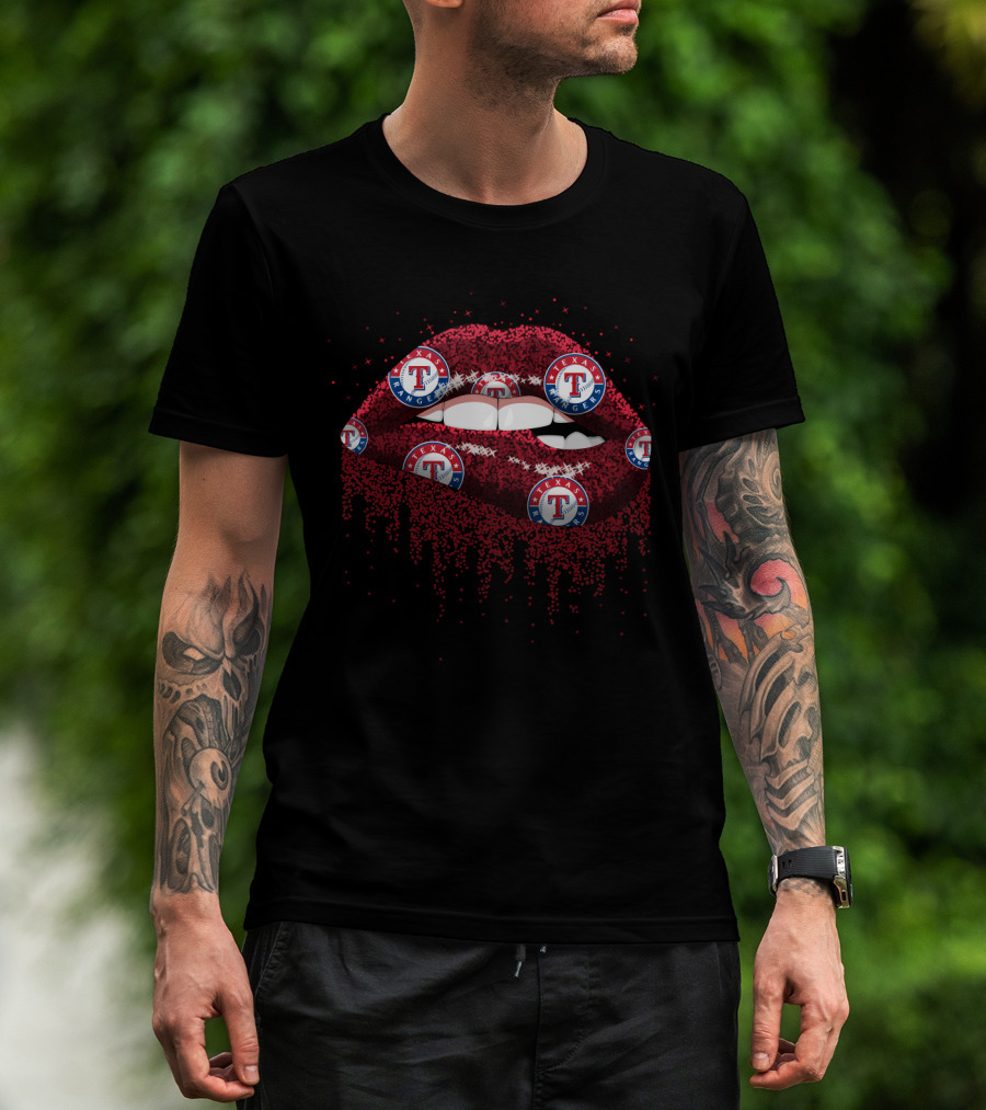 Texas Rangers Glitter Lips Fan Art With Logo T-Shirt