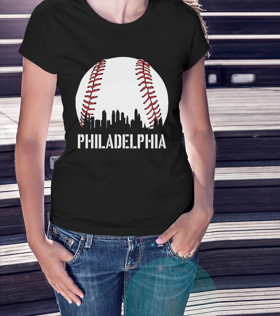 Philadelphia Skyline Baseball Stitching Downtown Philly T-Shirt