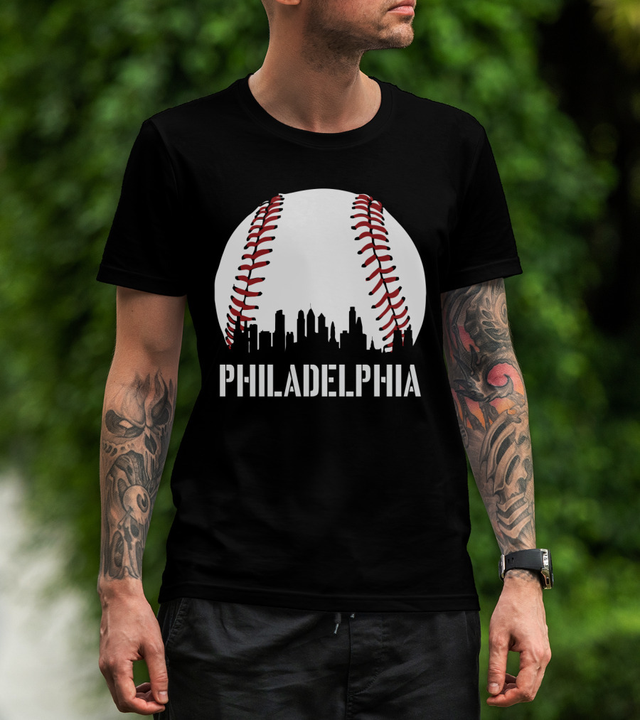 Philadelphia Skyline Baseball Stitching Downtown Philly T-Shirt