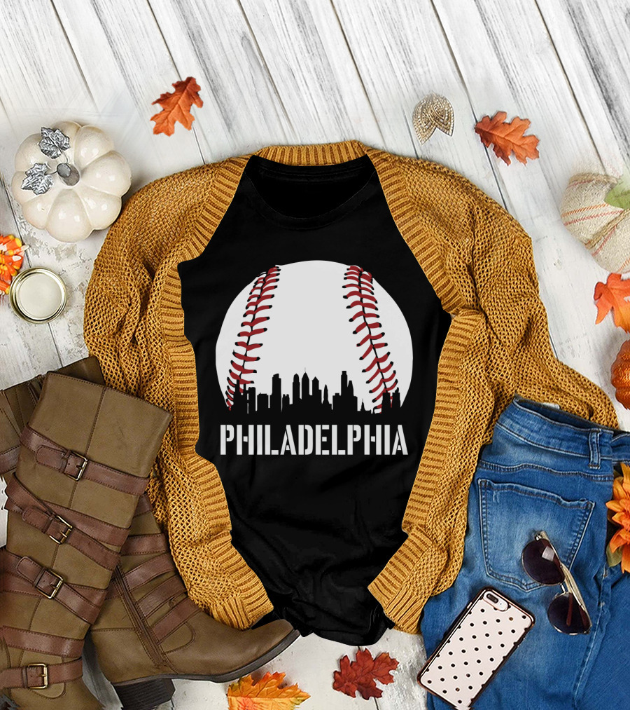 Philadelphia Skyline Baseball Stitching Downtown Philly T-Shirt