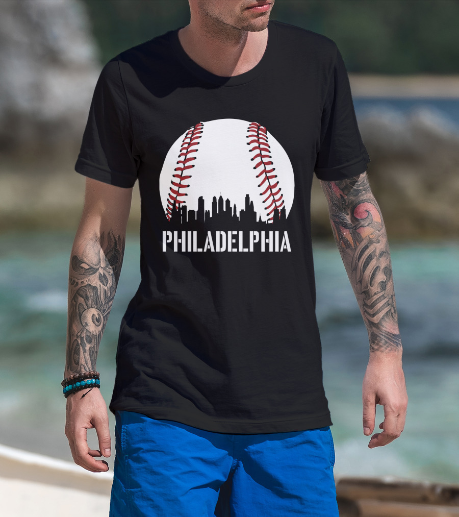 Philadelphia Skyline Baseball Stitching Downtown Philly T-Shirt