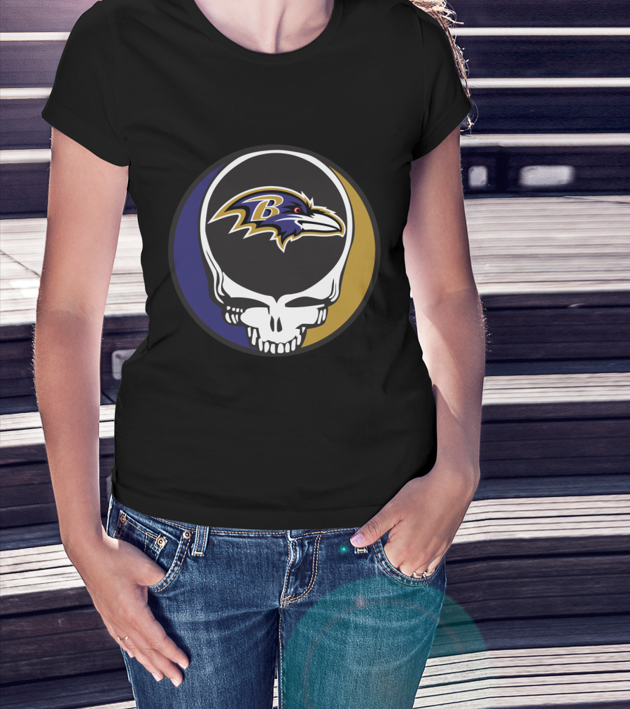 Grateful Dead Skull Logo With Baltimore Ravens Team T-Shirt