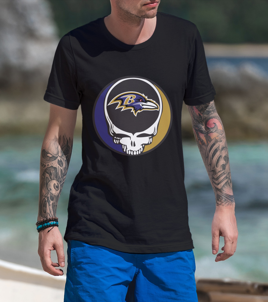 Grateful Dead Skull Logo With Baltimore Ravens Team T-Shirt