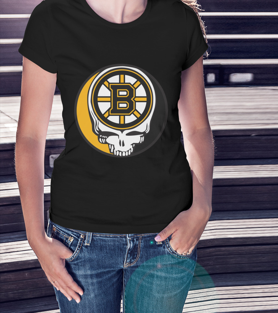 Boston Bruins And Grateful Dead Skull Logo Fusion T-Shirt